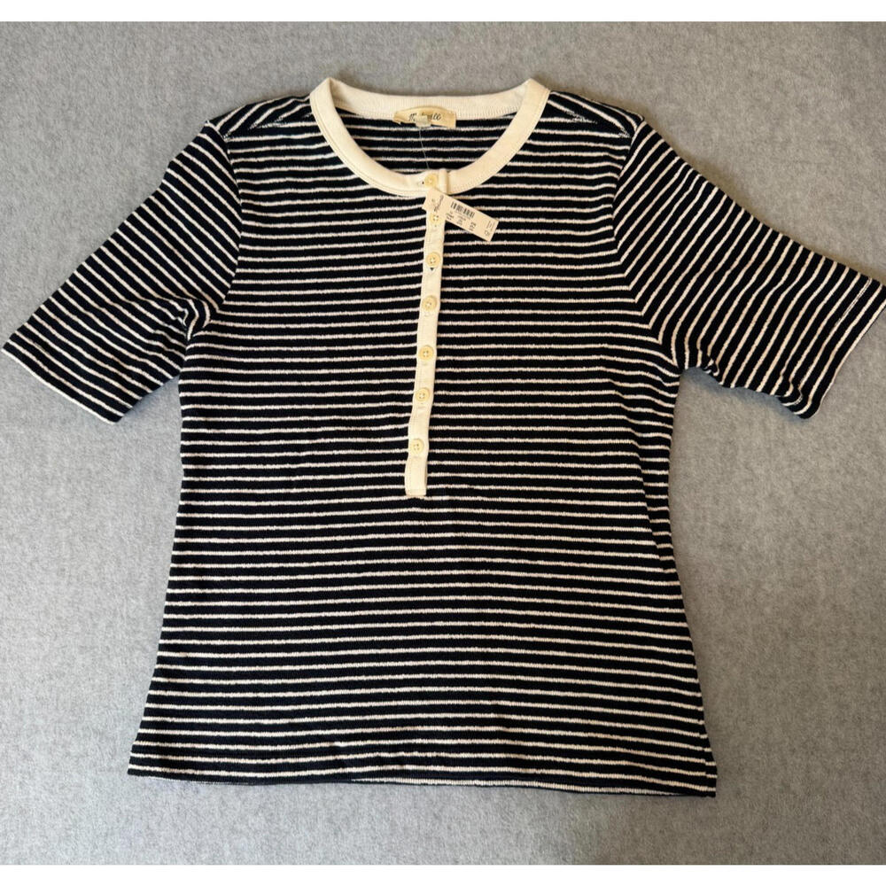 Madewell Tee Shirt Midnight Navy Striped Elbow Sleeve Henley Size XS NWT